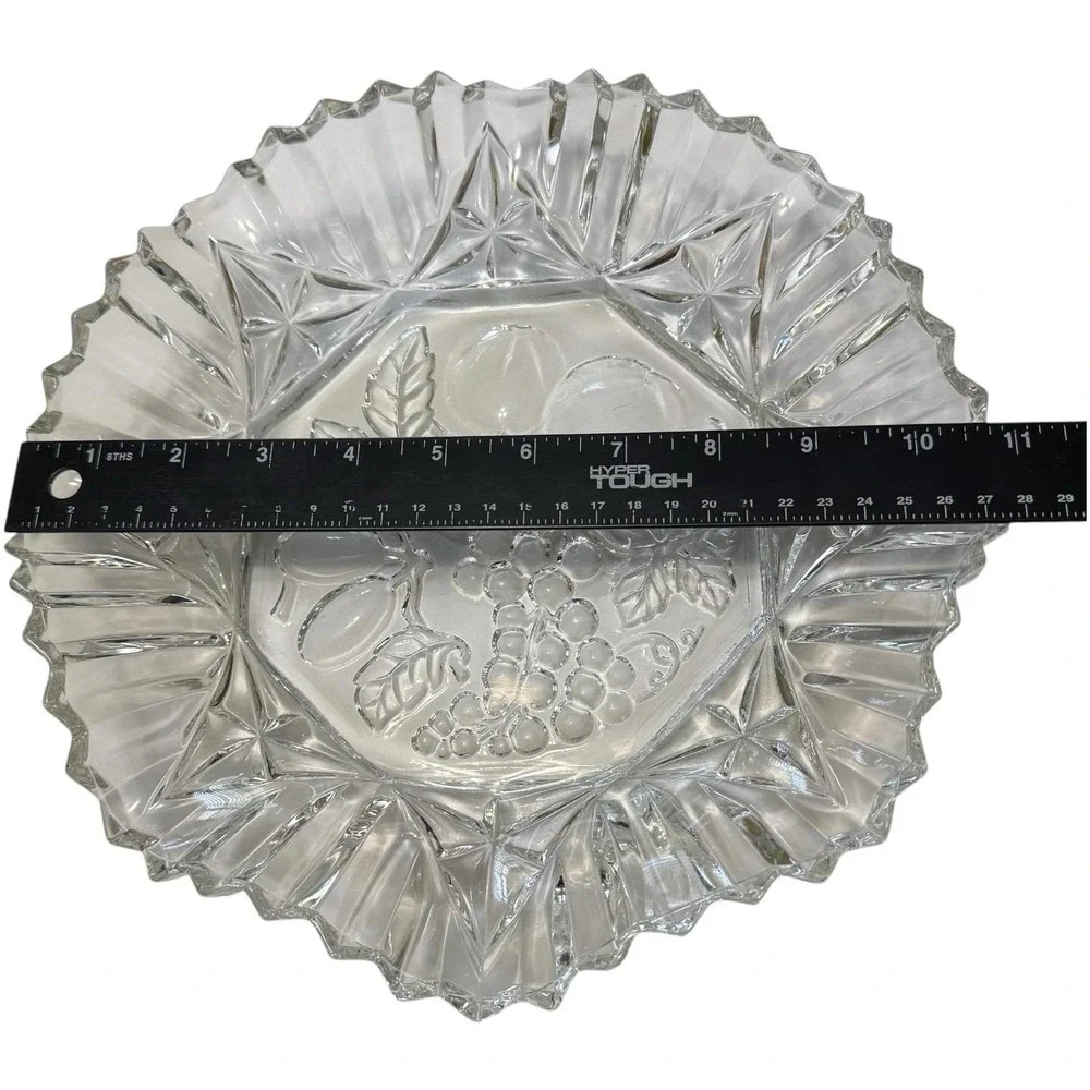 Vintage Clear Pressed Glass Fruit Bowl Grapes Apple Pear Starburst Scalloped 11
